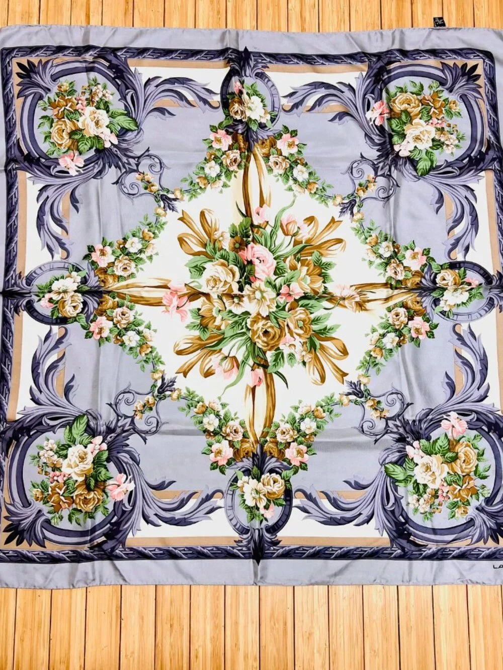 Beautiful Lancel Paris 100% Silk Satin Scarf 34" beige olive green floral (34 - Picture 6 of 9